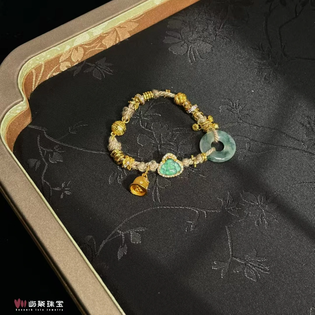 【要努力】B1014 翡翠银S925镶嵌 翡翠甜甜圈金色镶小佛绳链手饰