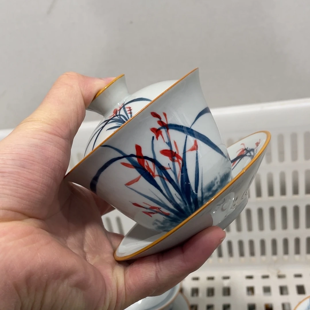 釉下手绘茶具，大瑕