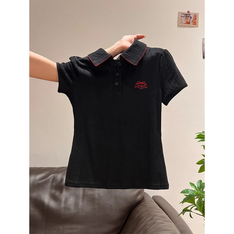 黑色polo领字母刺绣正肩短袖T恤女夏季新款显瘦基础款简约小上衣