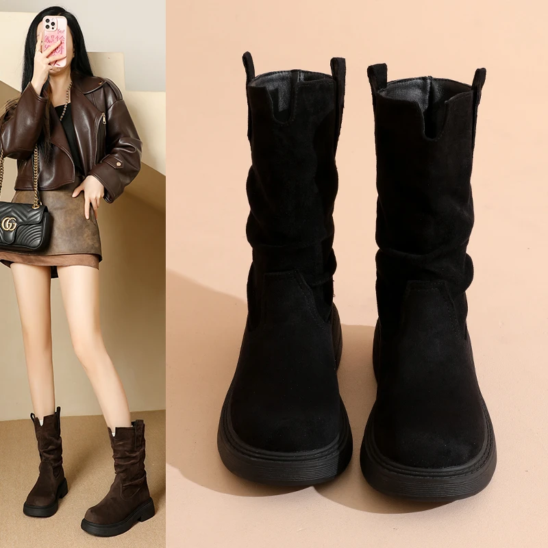 厚底时尚百搭女士棉鞋2025新款秋季反绒皮复古美拉德不过膝马丁靴