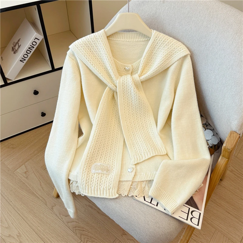 ～韩系穿搭钩花镂空披肩两件套女2025秋季新款蕾丝拼接毛衣