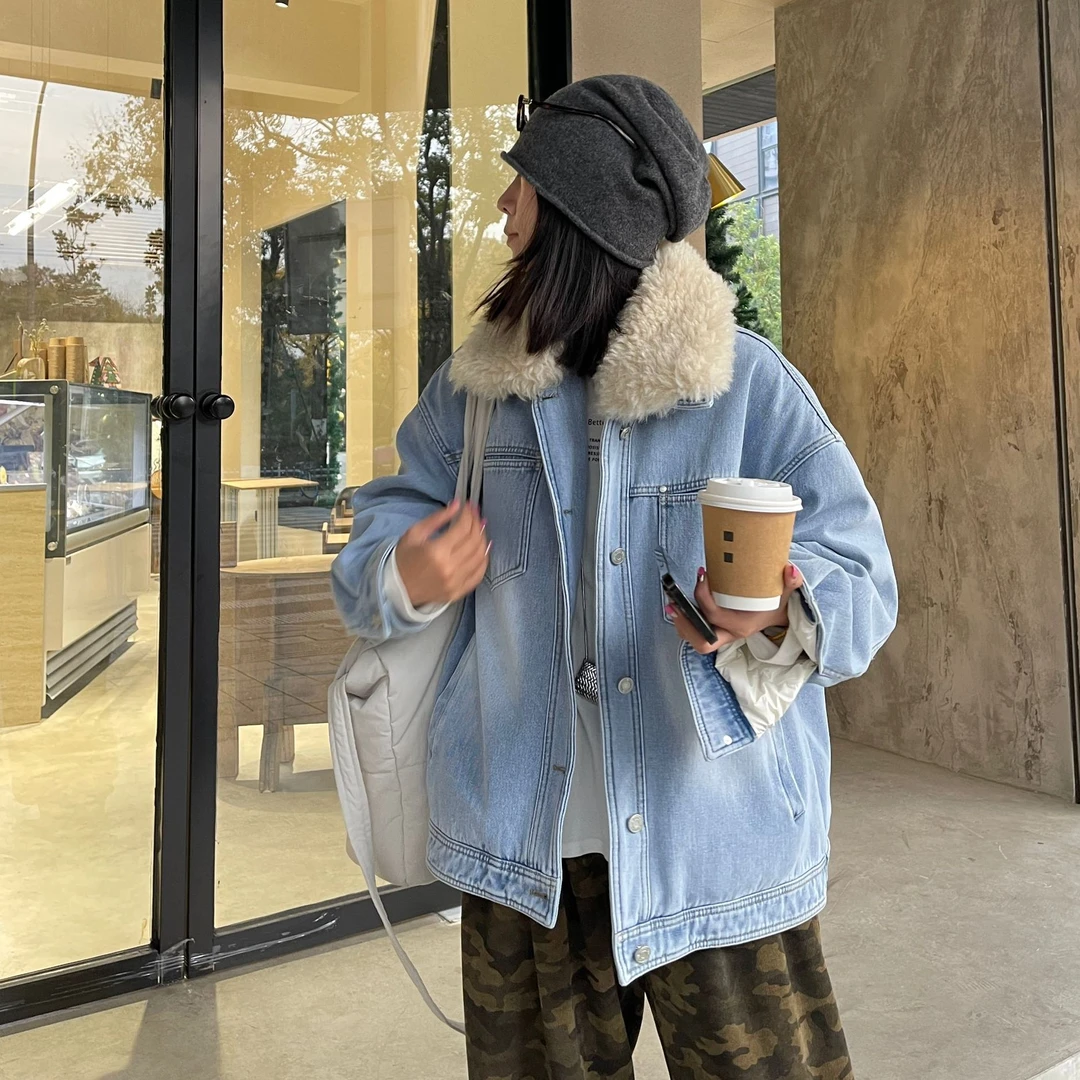 【领子可拆卸】充绒120克水洗做旧羊羔绒翻领拼接牛仔机车夹克外套