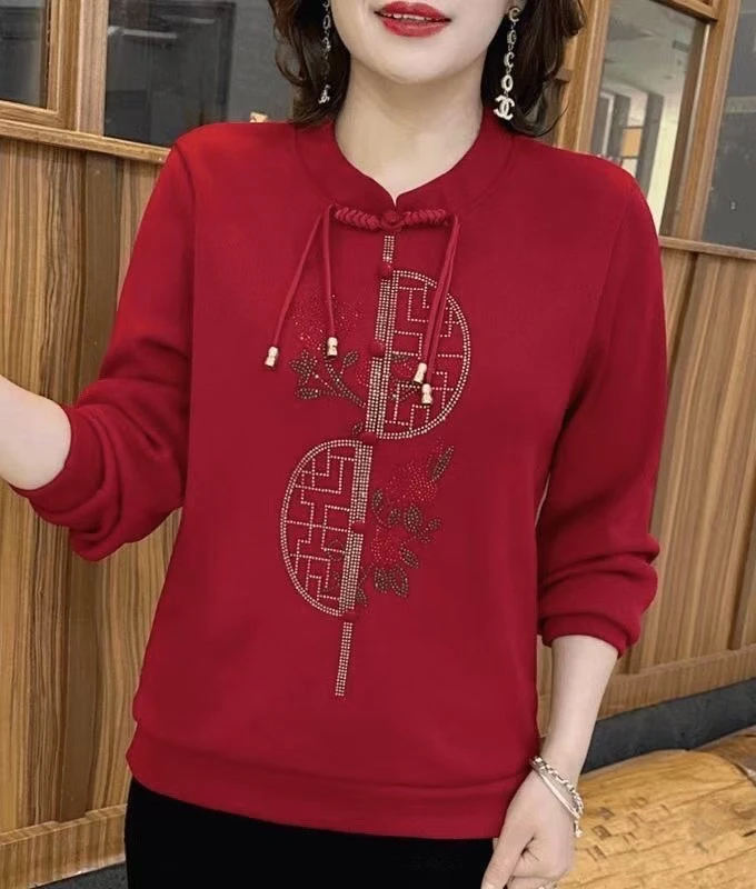 秋冬中老年设计感盘扣加绒加厚打底妈妈喜庆国风宽松显瘦保暖上衣