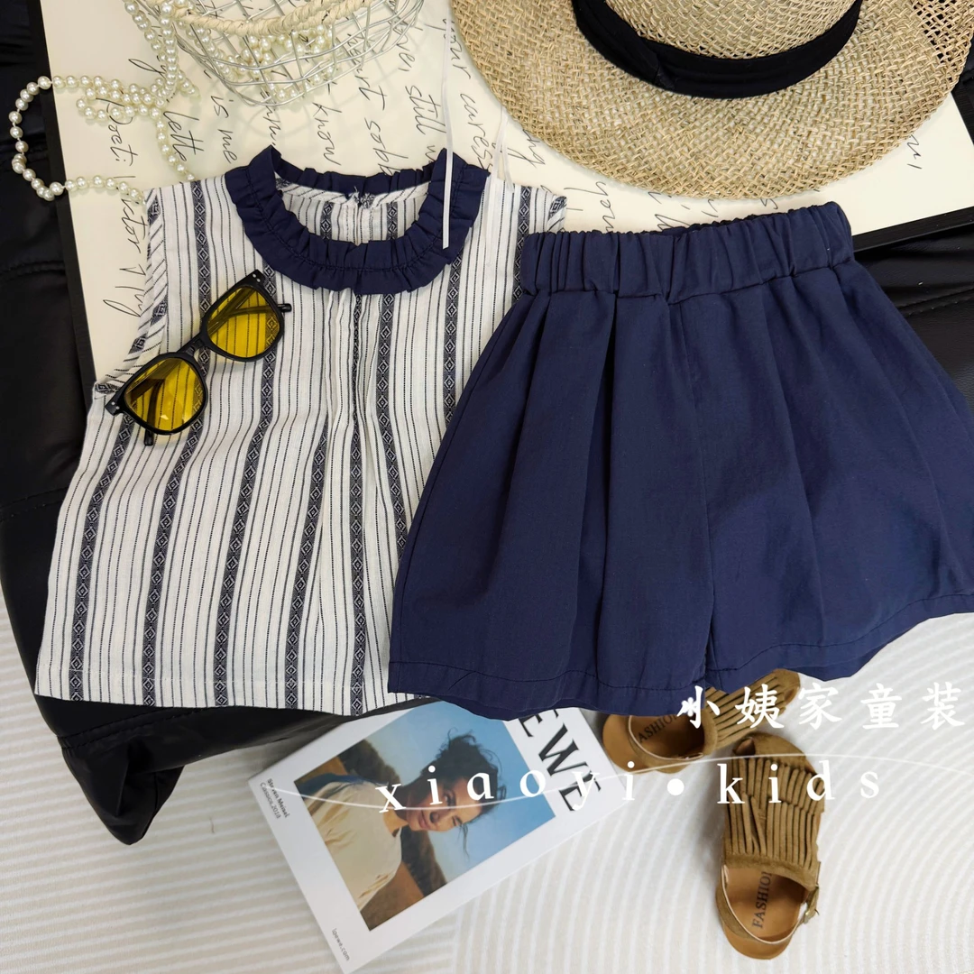 【亲子款】夏季无袖条纹衬衫别致木耳花边两件套藏蓝色捏褶短裤套装