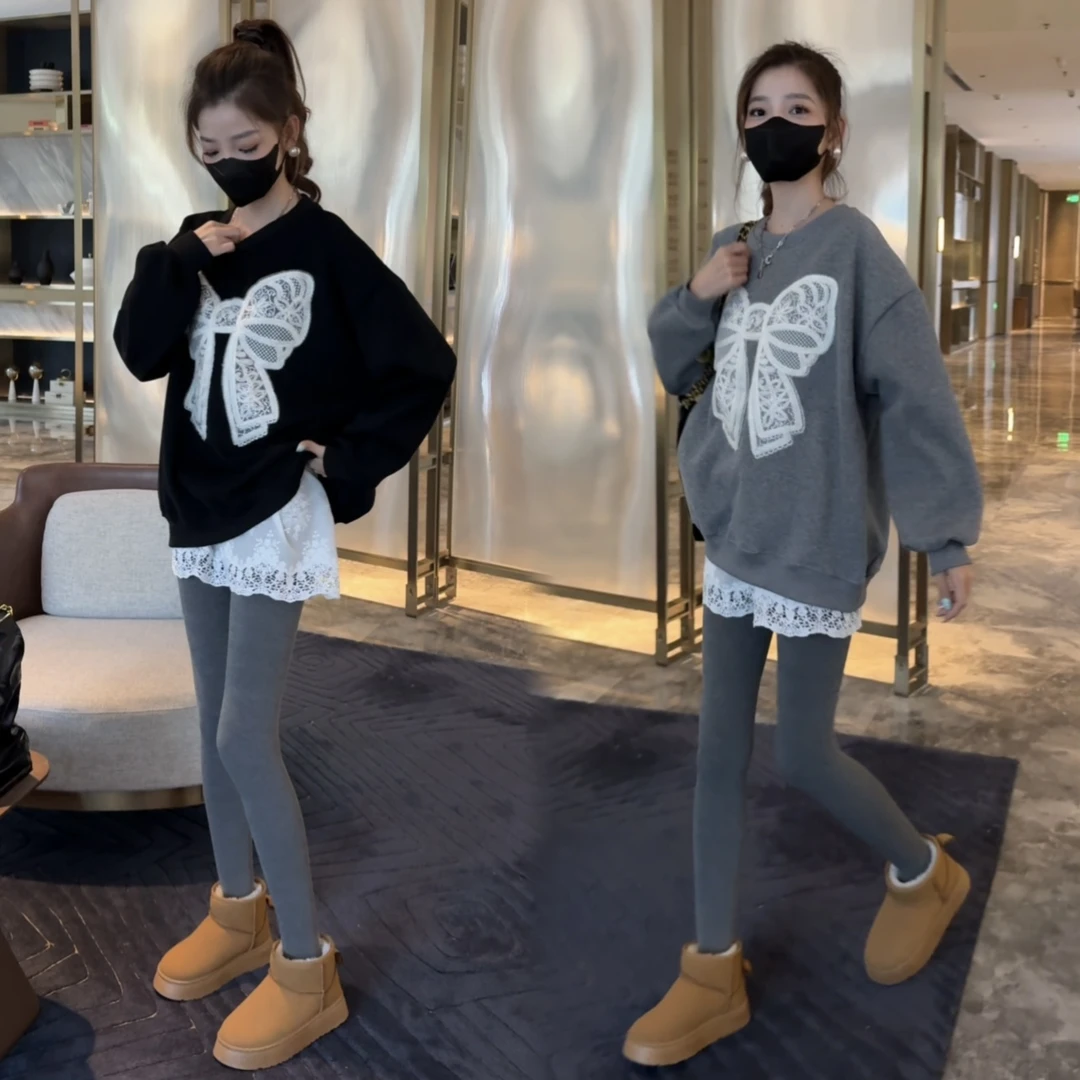 2025新款时尚钩花蝴蝶结套头卫衣长袖上衣蕾丝打底裙打底裤套装