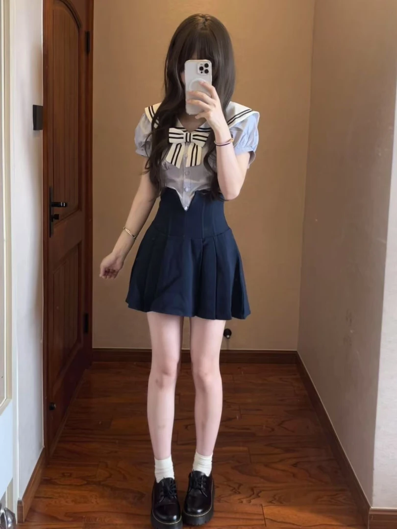 学院风夏季女款JK制服海军领上衣搭配百褶裙套装