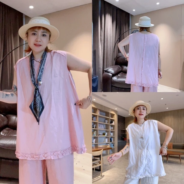 8868#领木耳边下摆无袖衬衫宽松百搭后背纽扣女装（卡码拍大）