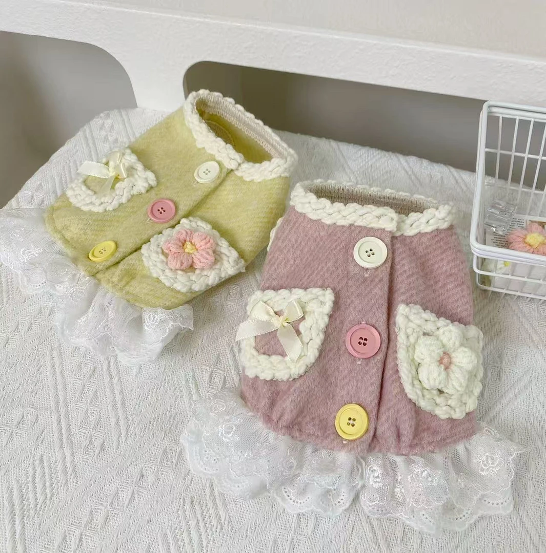 奶黄粉绒・蕾丝花簇双子套装宠物衣服｜小饼干手作