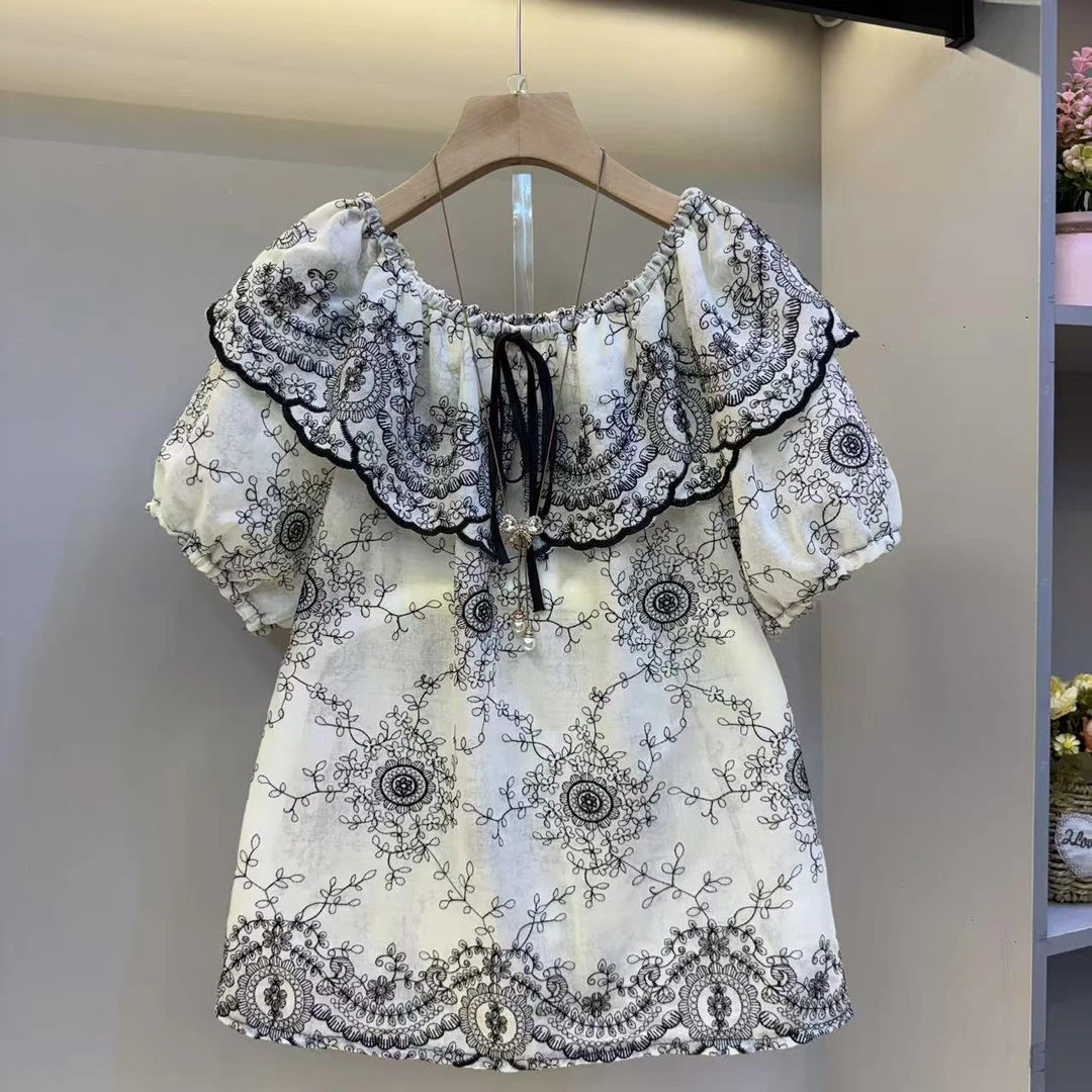 2025大码女装荷叶领高级感刺绣减龄气质女人衫