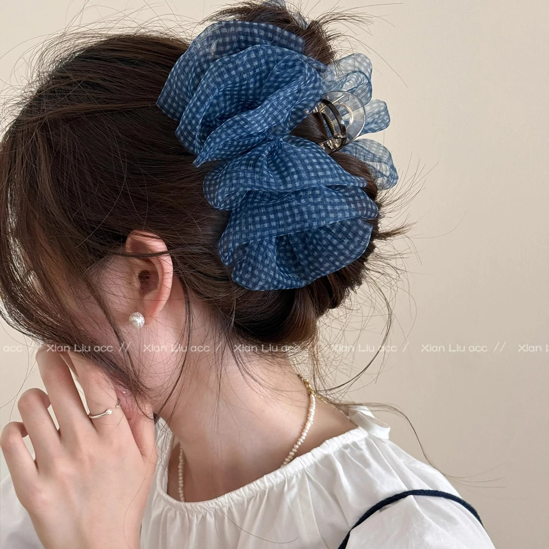 藏蓝格泡泡欧根纱大肠发圈女2025新款高级感后脑勺发夹鲨鱼夹发饰