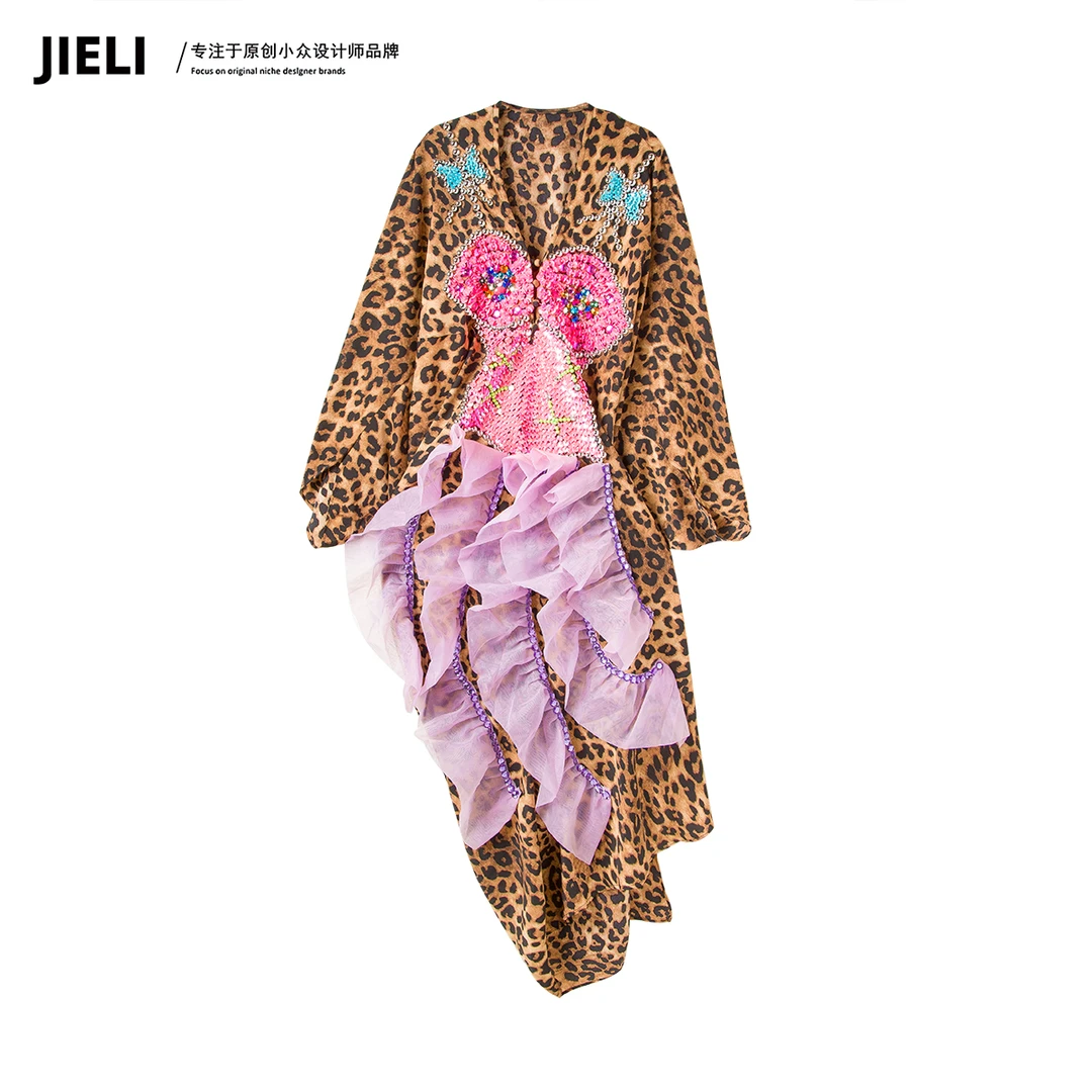 JIE LI/街力设计师高级感夏季中长款V领豹纹连衣裙女Q8316