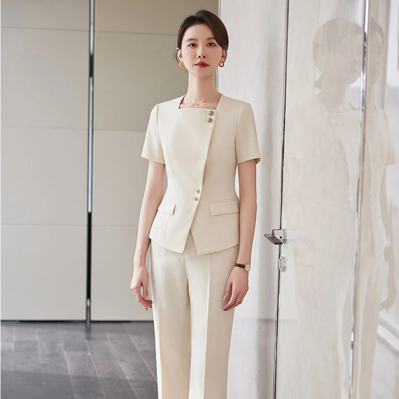 SHILUYA/诗璐雅夏季杏色职业西装套装女短袖工作服通勤西服两件套