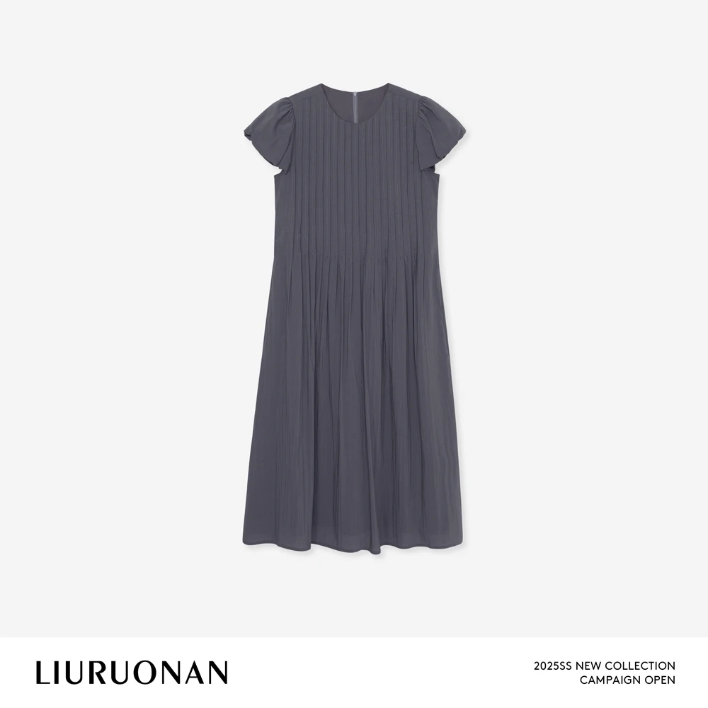 LIURUONAN 25SS 夏季小飞袖百褶中长款连衣裙女宽松短袖大摆裙