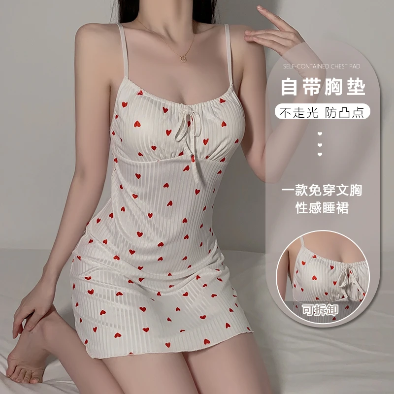 <纤柔>夏天纯欲印花诱惑深V加胸垫性感吊带冰丝睡裙纯欲风夏季