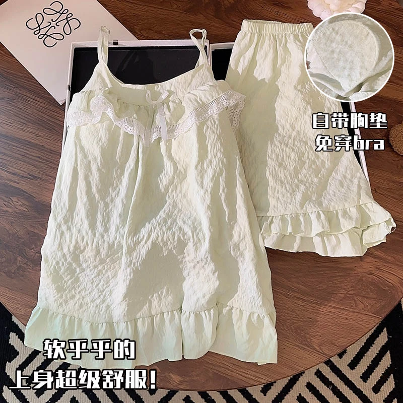 带胸垫睡衣女夏季吊带云朵棉薄款甜美花边新款可外穿家居服套装