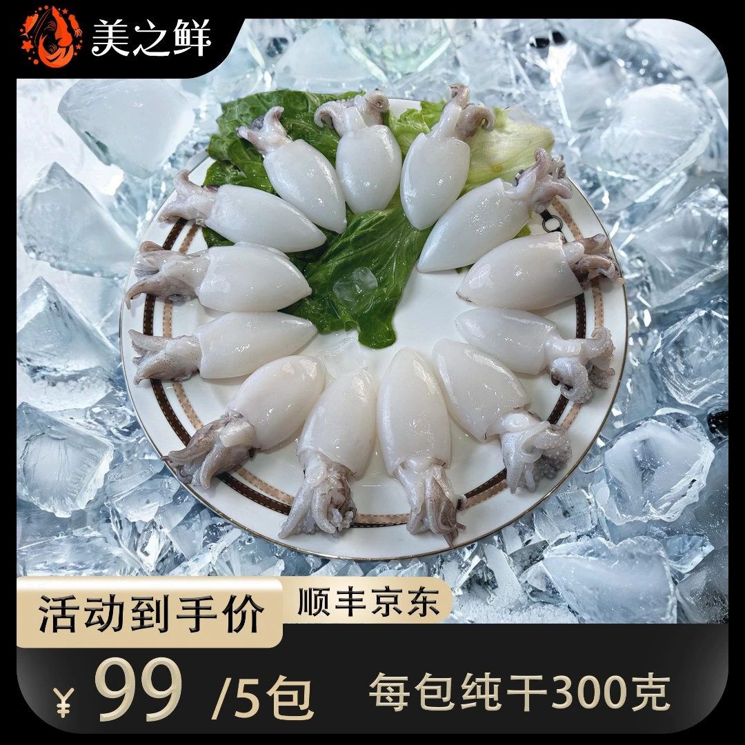 【美之鲜】新鲜鲜活墨鱼仔去皮去牙去内脏无冰300克x5包