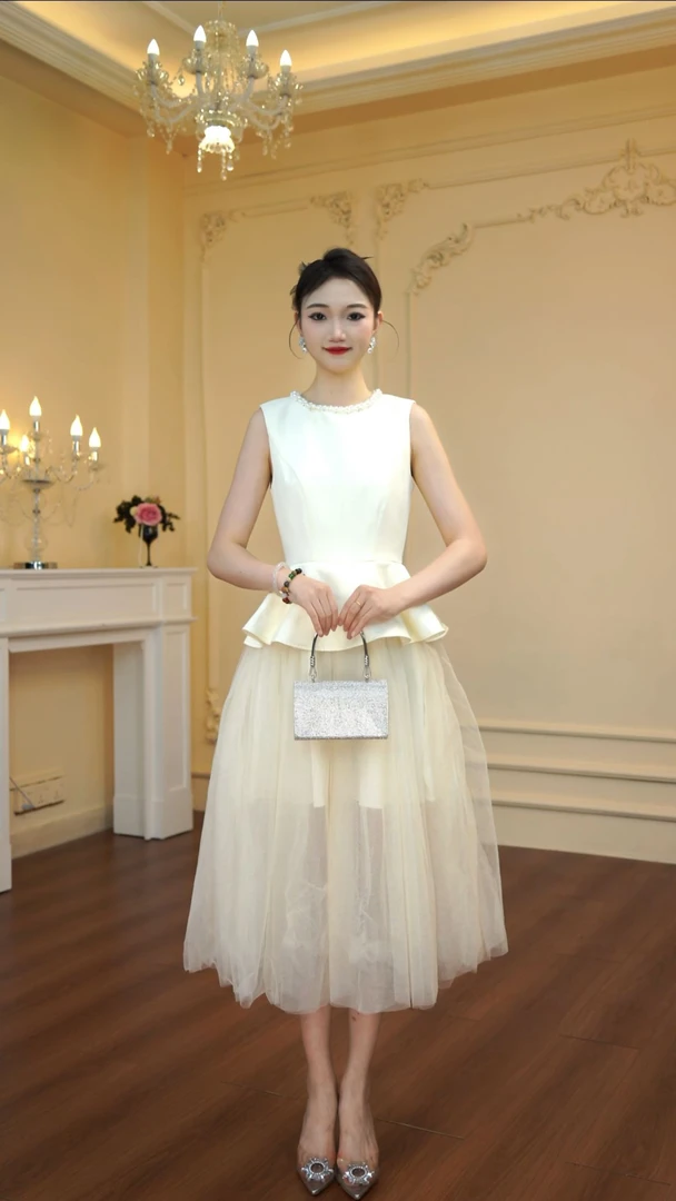 街头风无袖长款原宿风气质纯色连衣裙晚礼服长裙生日婚纱白色9012