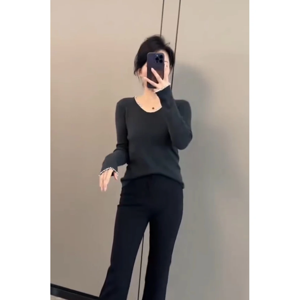 V领长袖针织打底衫2025秋季新款穿搭气质百搭弹力显瘦修身钉珠