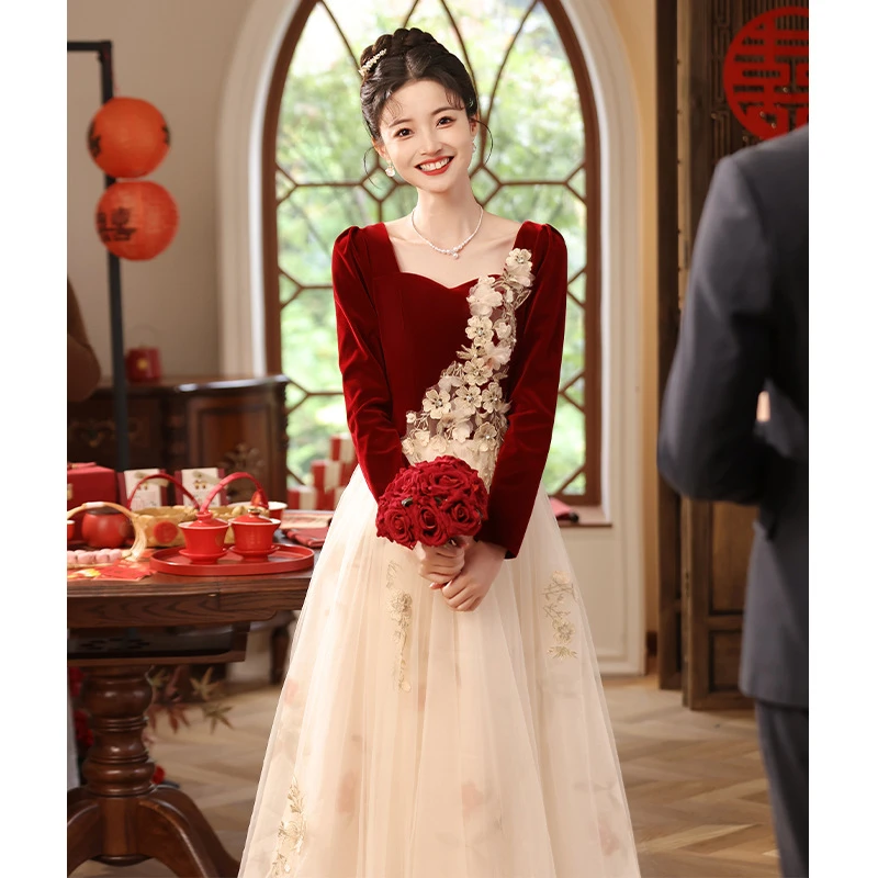 敬酒服新娘2025新款订婚晚礼服女连衣裙结婚酒红色回门便装裙气质