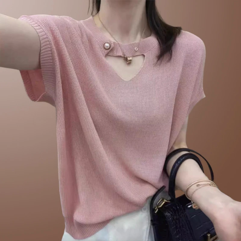 香朵儿法式慵懒风镂空针织短袖女2025夏季新款宽松松弛感上衣女