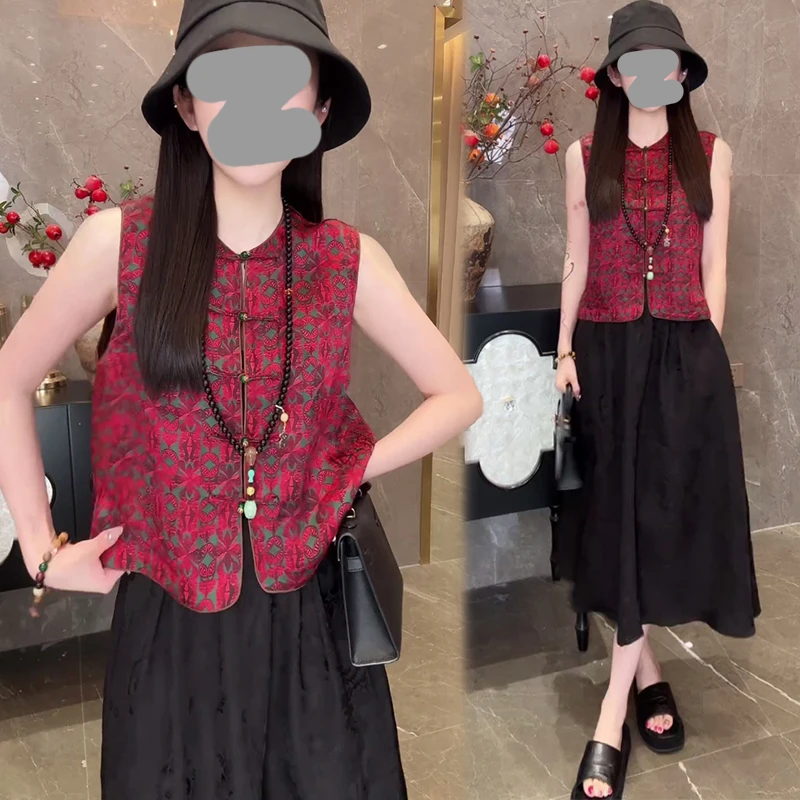 新中式红色上衣女225夏季新款双面穿上衣+裙子套装两件套