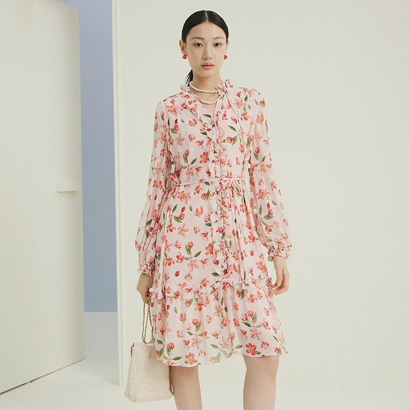 firststation优雅荷叶领桑蚕丝印花长袖连衣裙女25夏新款4571A