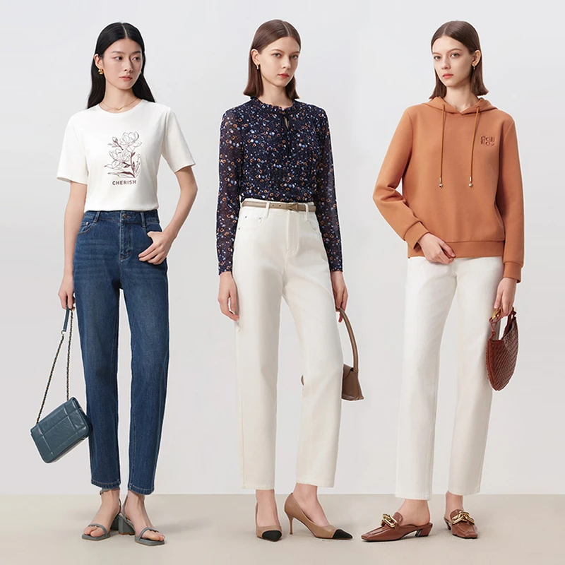 敦奴dunnu春季显瘦舒适高腰时尚回弹白色气质牛仔休闲裤FU110125