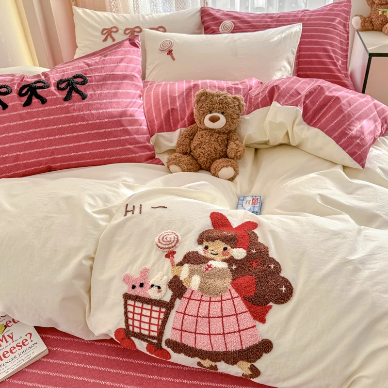 小姑娘A类全棉色织水洗棉床上用品四件套纯棉卡通毛巾绣被套床单