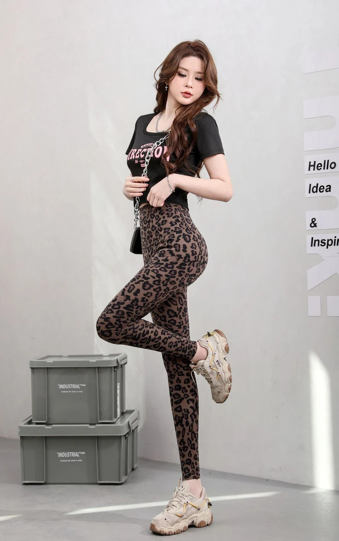 夏季豹纹鲨鱼裤女九分薄款外穿打底裤高腰印花显瘦弹力运动瑜伽裤