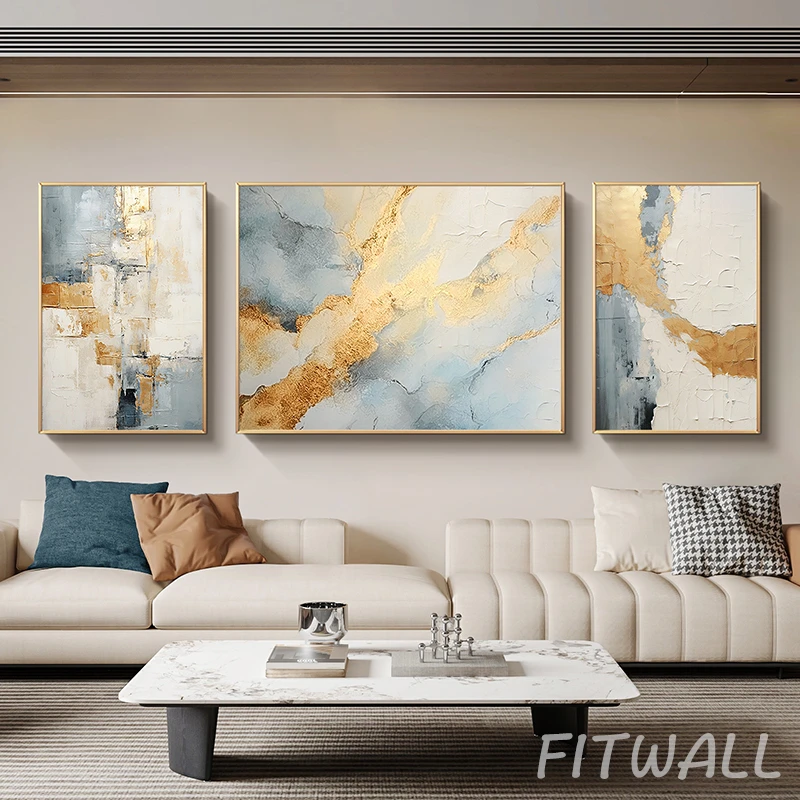 《云海鎏金》手绘油画现代轻奢客厅沙发背景墙挂画抽象装饰画三联