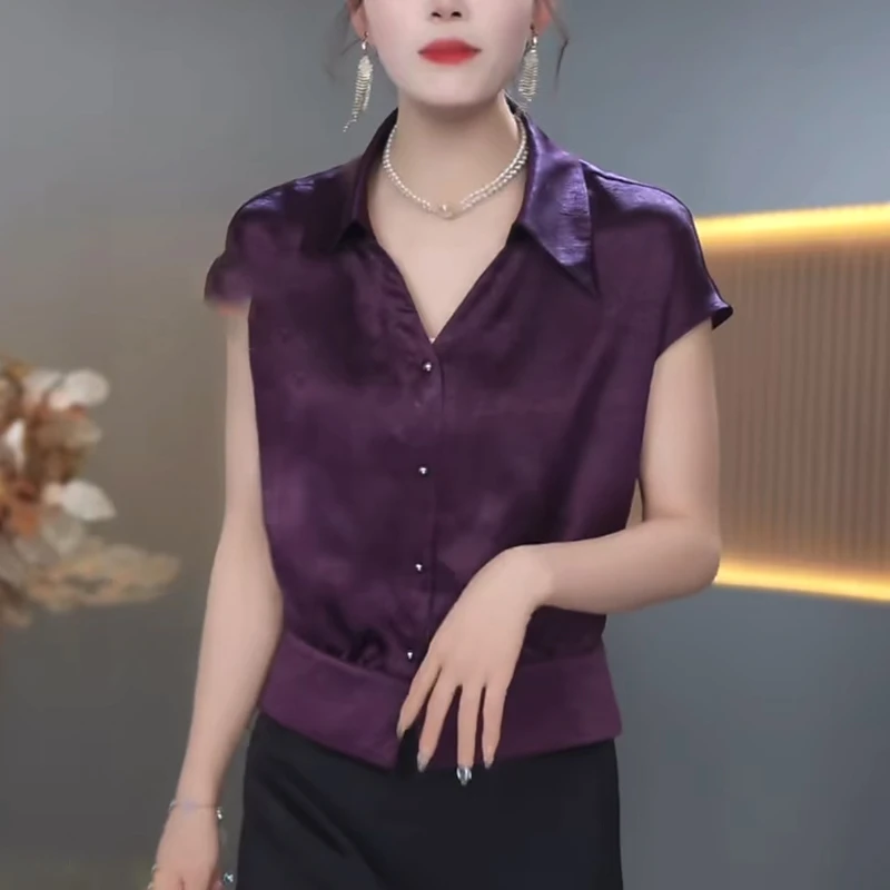 2025夏季新款V领紫色缎面衬衫女收腰显瘦减龄高级感短袖上衣