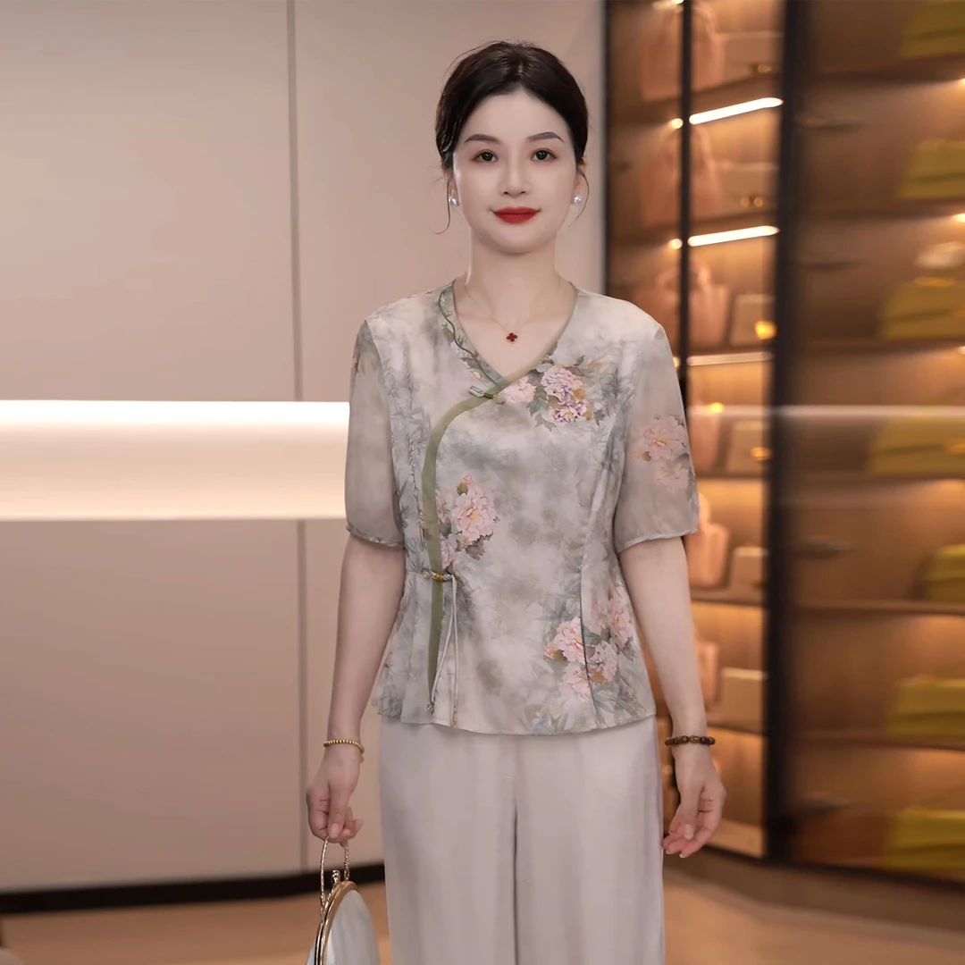 妈妈装国风印花复古小衫斜襟气质洋气夏季中式宽松显瘦上衣两件套