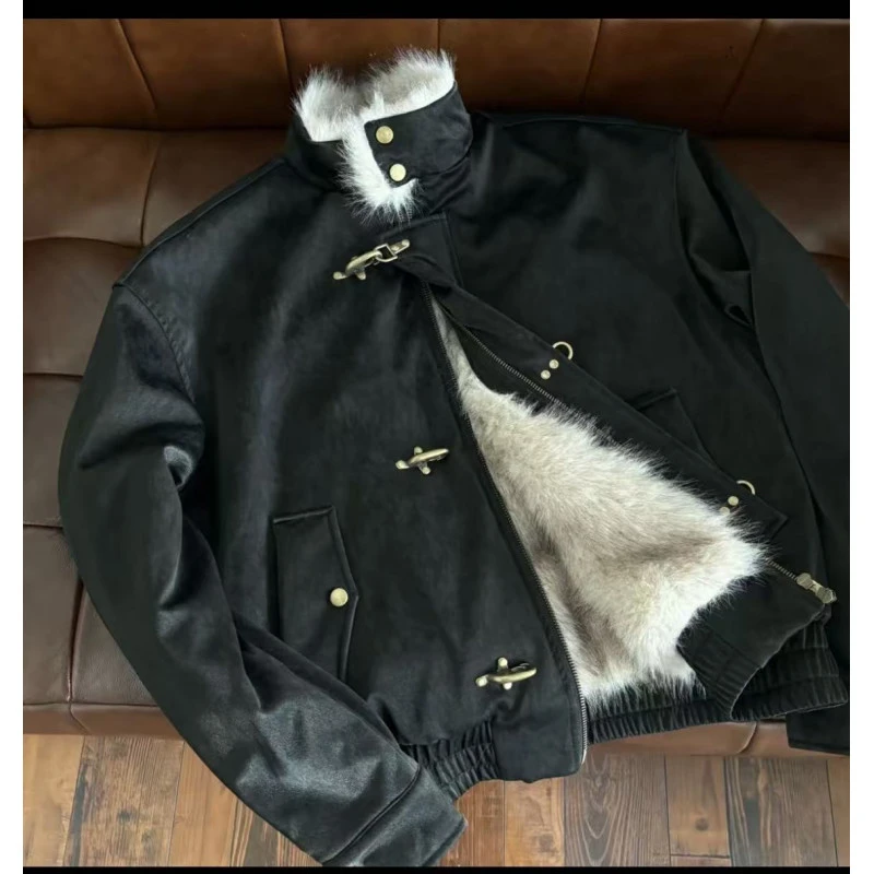 美式复古潮牌座山雕毛绒立领夹克男款冬季飞机扣设计保暖棉服外套