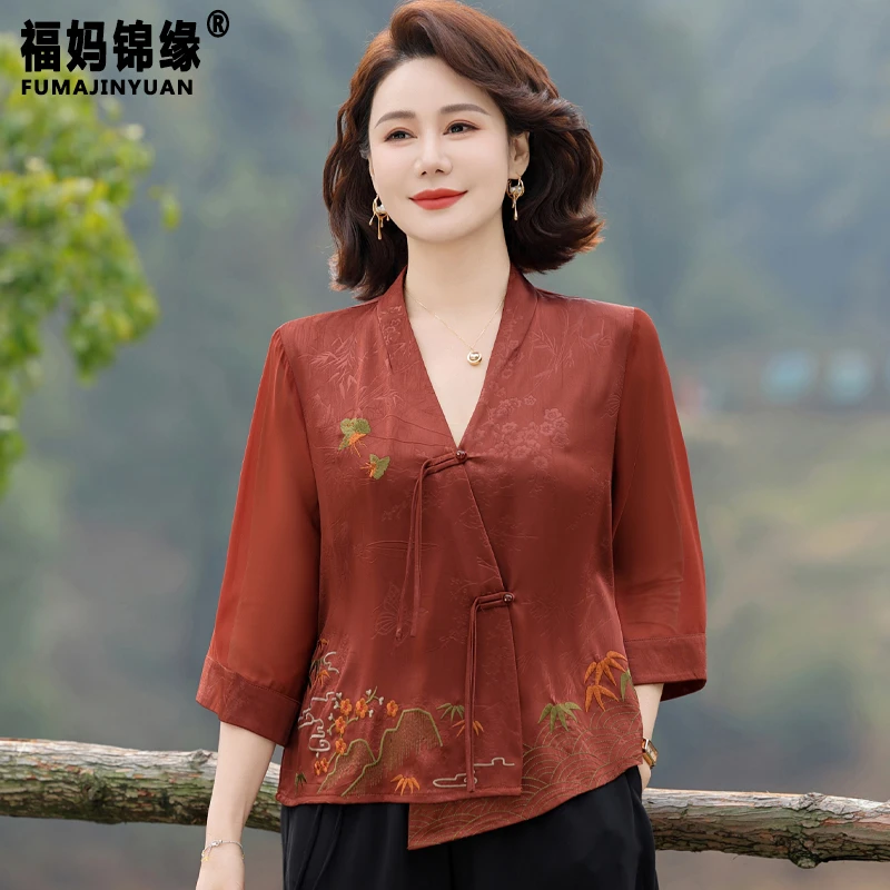 中年妈妈春夏季国风上衣洋气2025新款中老年女夏装七分袖雪纺小衫