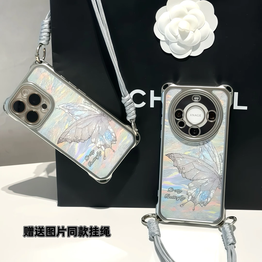 流光蝴蝶挂绳适用iPhone苹果16手机壳华为p70vivoppo小米15软套14