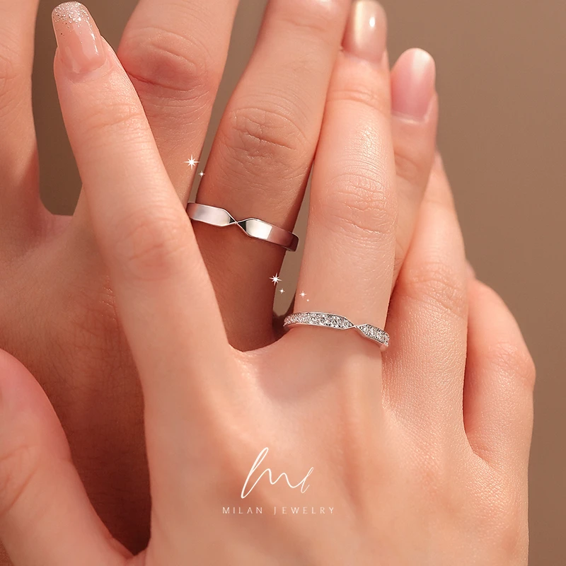 秘蓝 925银莫桑石戒指 羽爱情侣对戒/莫桑钻戒指纯银V形排钻高级