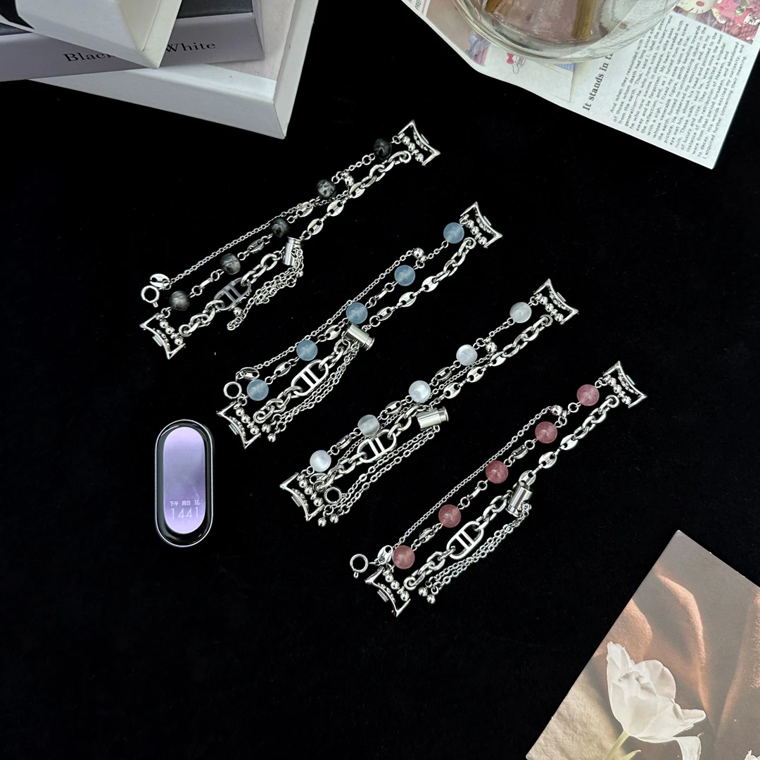 裴蔻 适用小米手环10/9/8小猪鼻不锈钢表带9Pro原石串珠手链腕带