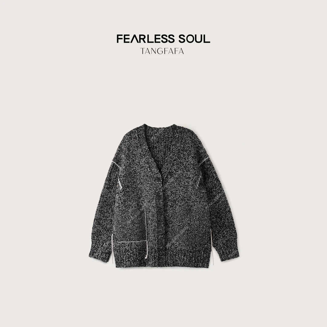 唐发发TFF复古斑驳开衫绵羊毛双拼纱牛角扣毛织外套女 825FM387 -