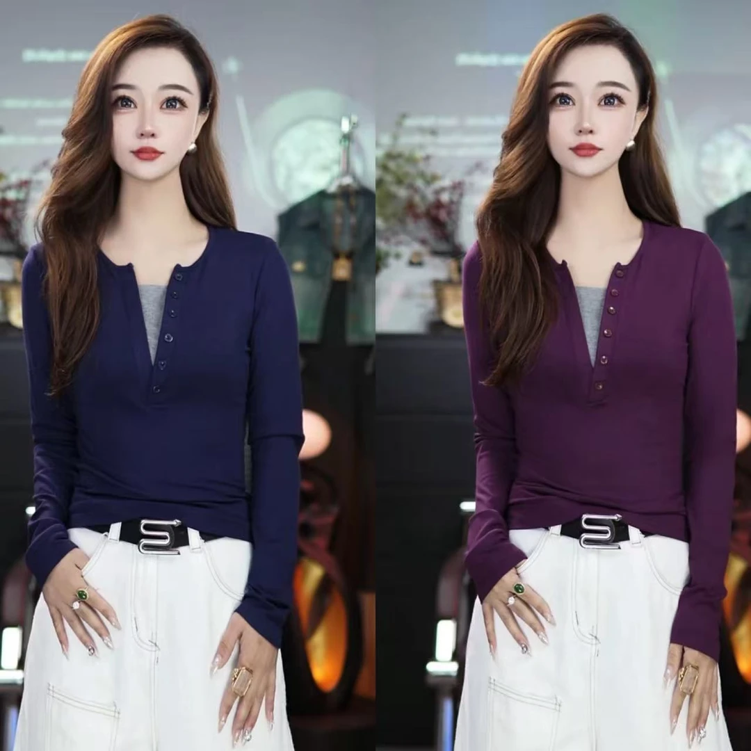 叶子定制半排扣正肩V领长袖袖T恤女早秋款假两件单穿打底上衣1333