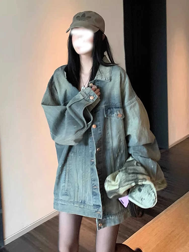 做旧水洗复古美式牛仔外套女春季2025新款高街宽松休闲百搭上衣潮