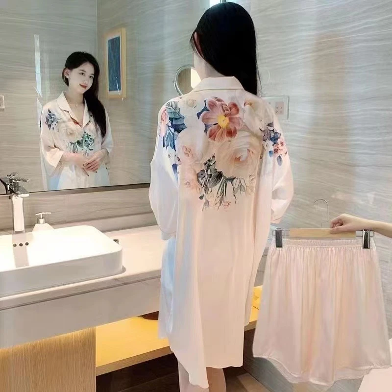 网红冰丝睡裙女2024新款短袖高级感花卉大码外穿衬衫裙家居服套装