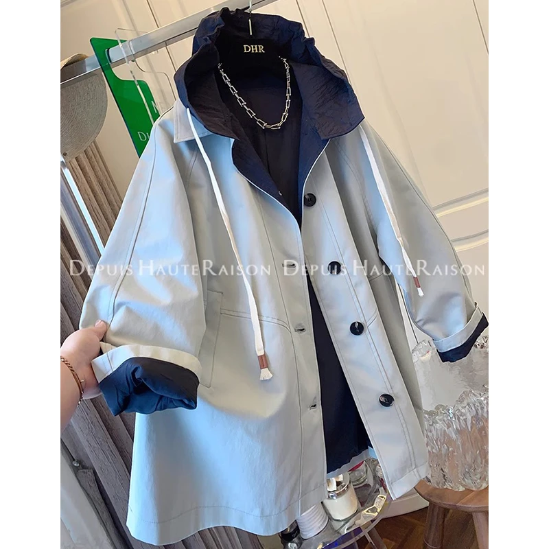 高级感撞色假两件连帽风衣外套宽松中长款2025秋季新款女装
