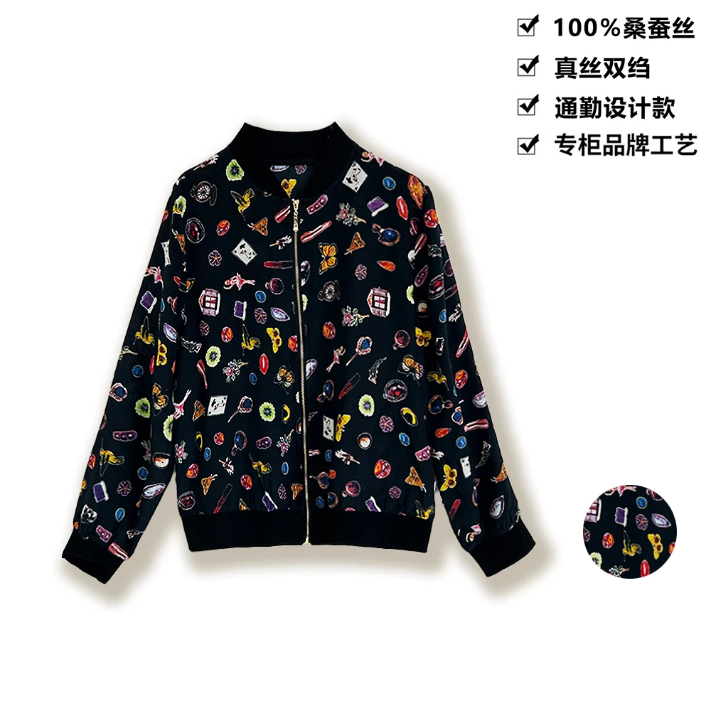 16姆米100桑蚕丝真丝外套都市时尚印花桑蚕丝棒球服休闲外套WT237