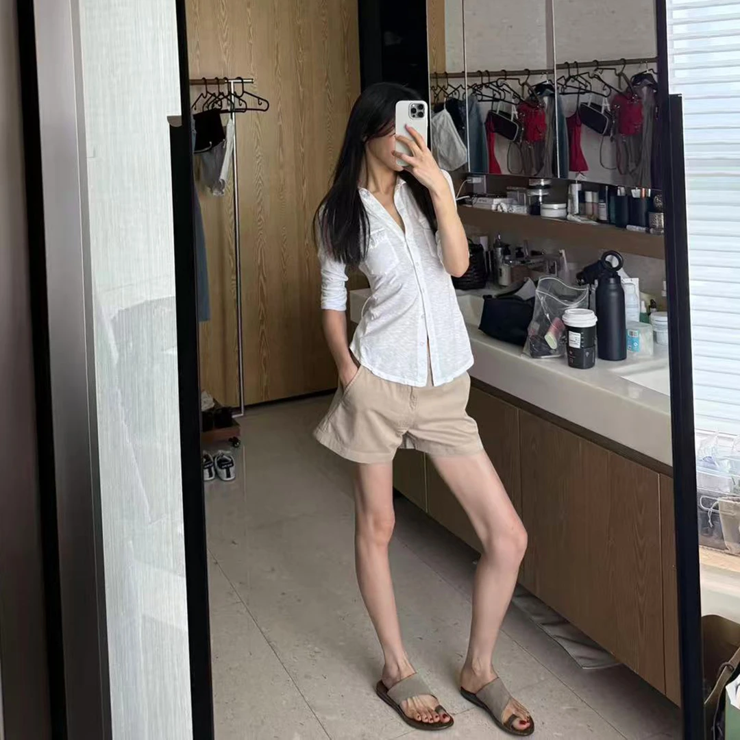 ROMI STUDIO 斜纹竹节肌理感白色全棉轻薄修身翻领衬衣RWCSSM2793