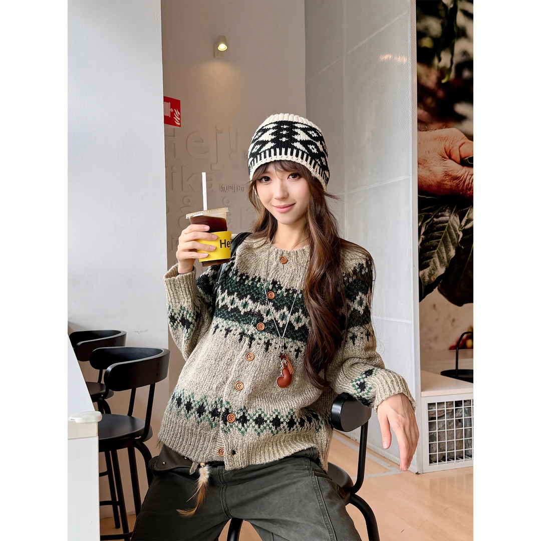 CC.CBL费尔岛提花短款宽松针织开衫毛衣慵懒风ins氛围街头休闲