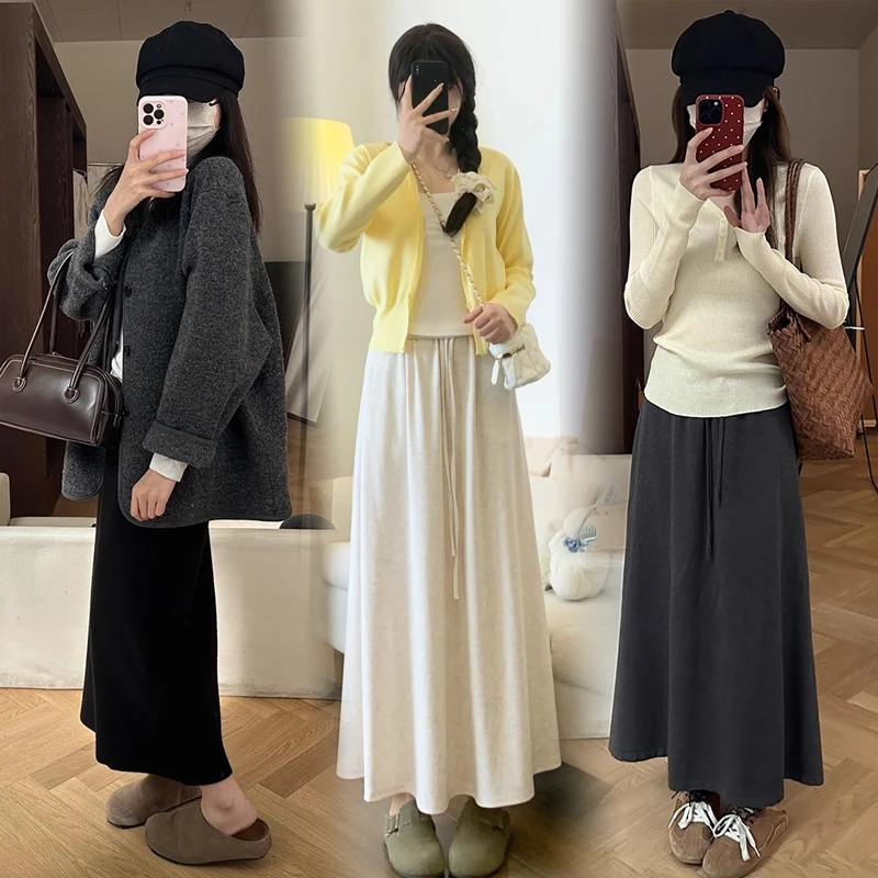 孕妇裙秋款2025新款高腰针织休闲长裙简约慵懒垂感糯米半身裙秋装