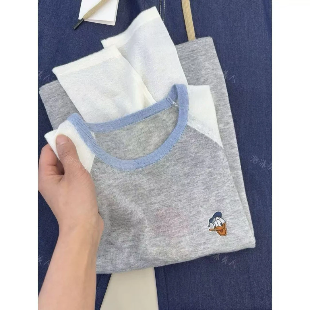 白灰唐老鸭」提花撞色圆领休闲百搭长袖防晒针织衫女25春夏新款