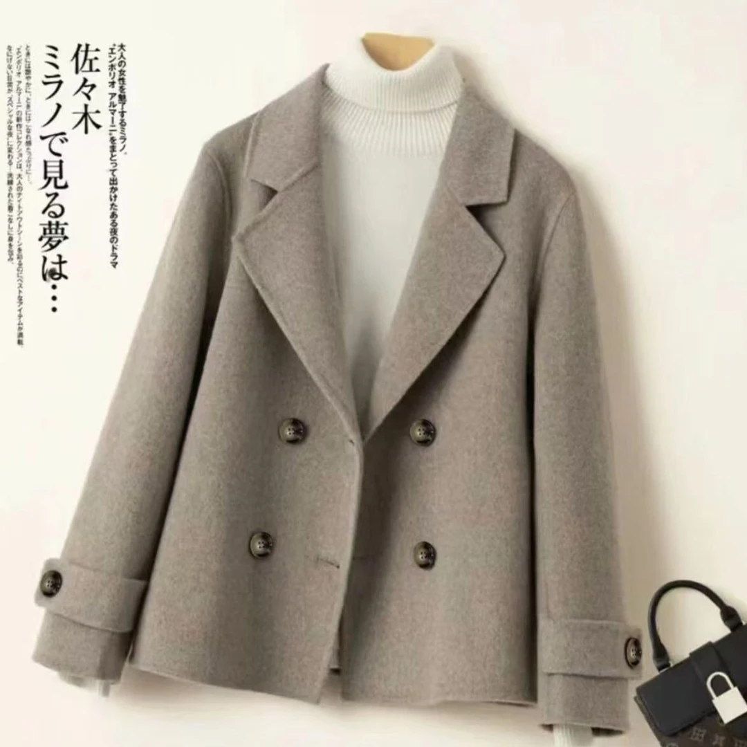 618女士时尚洋气短款双排扣双面呢外套