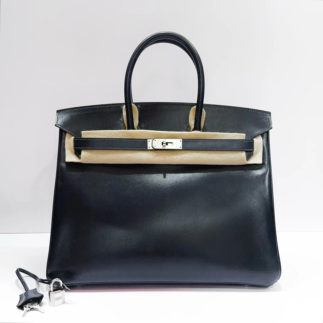 99新 Hermes/爱马仕 蔚蓝/靛蓝色银扣 birkin 35 box皮 框R刻