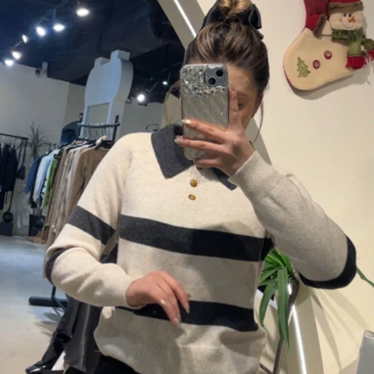 高级百搭条纹上衣Polo领 566